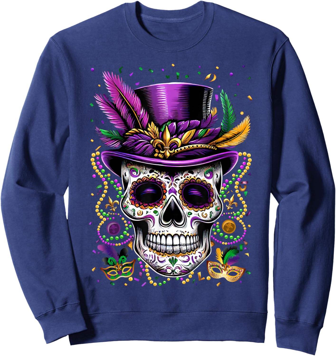Mardi Gras Skull Top Hat Beads Mask New Orleans Louisiana Sweatshirt - Sweatshirt | Navy