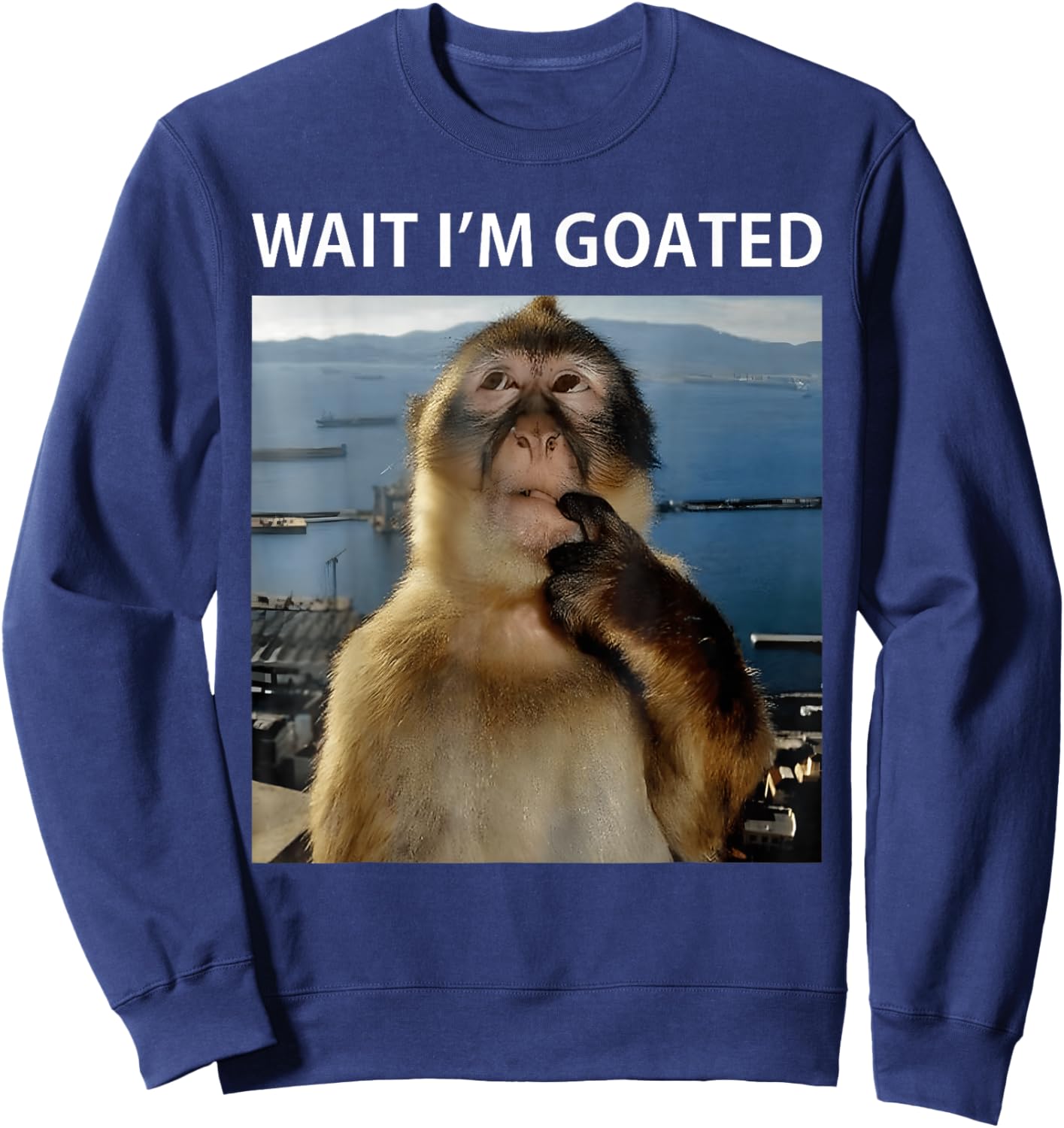 Wait I'm Goated Funny Thinking Monkey Meme Brainrot Sweatshirt - Sweatshirt | Navy
