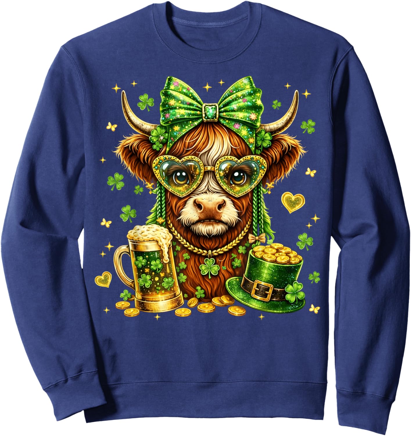 St Patricks Day Funny Highland Cow Cute Bow Girl Women Kid Sweatshirt - Sweatshirt | Navy