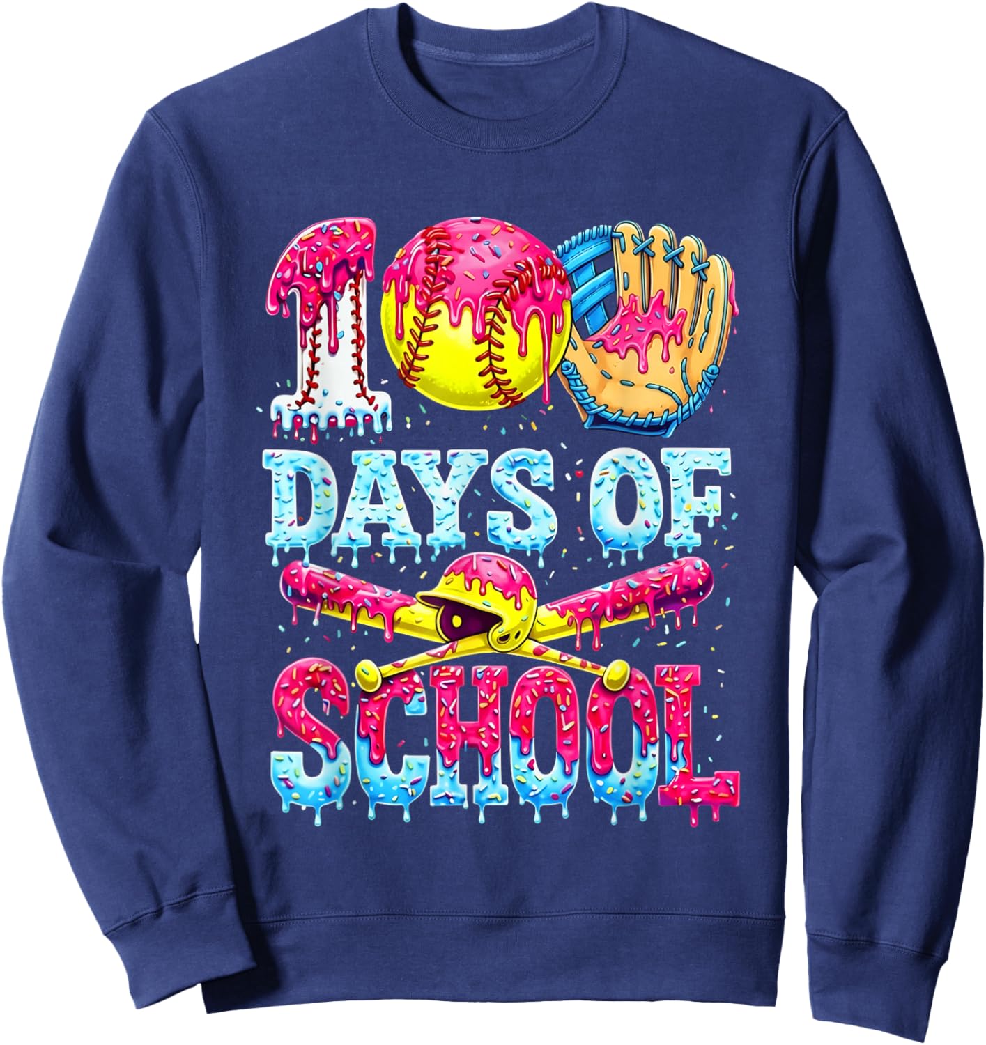 100 Days of School Softball Ice Cream Dripping Pattern Sweatshirt - Sweatshirt | Navy