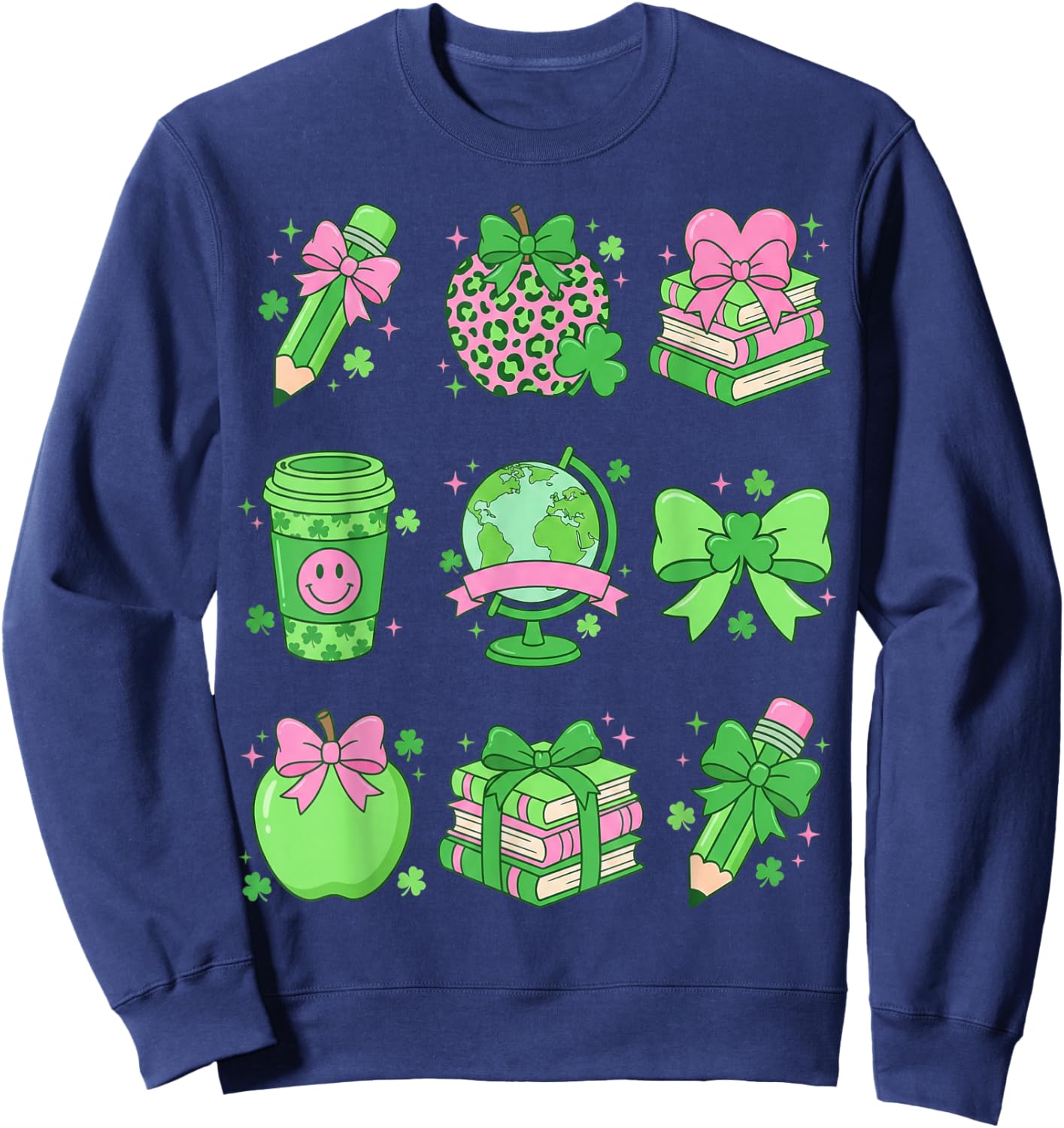 St Patrick's Day Lucky Teacher Shamrock Coquette Bow Pencil Sweatshirt - Sweatshirt | Navy