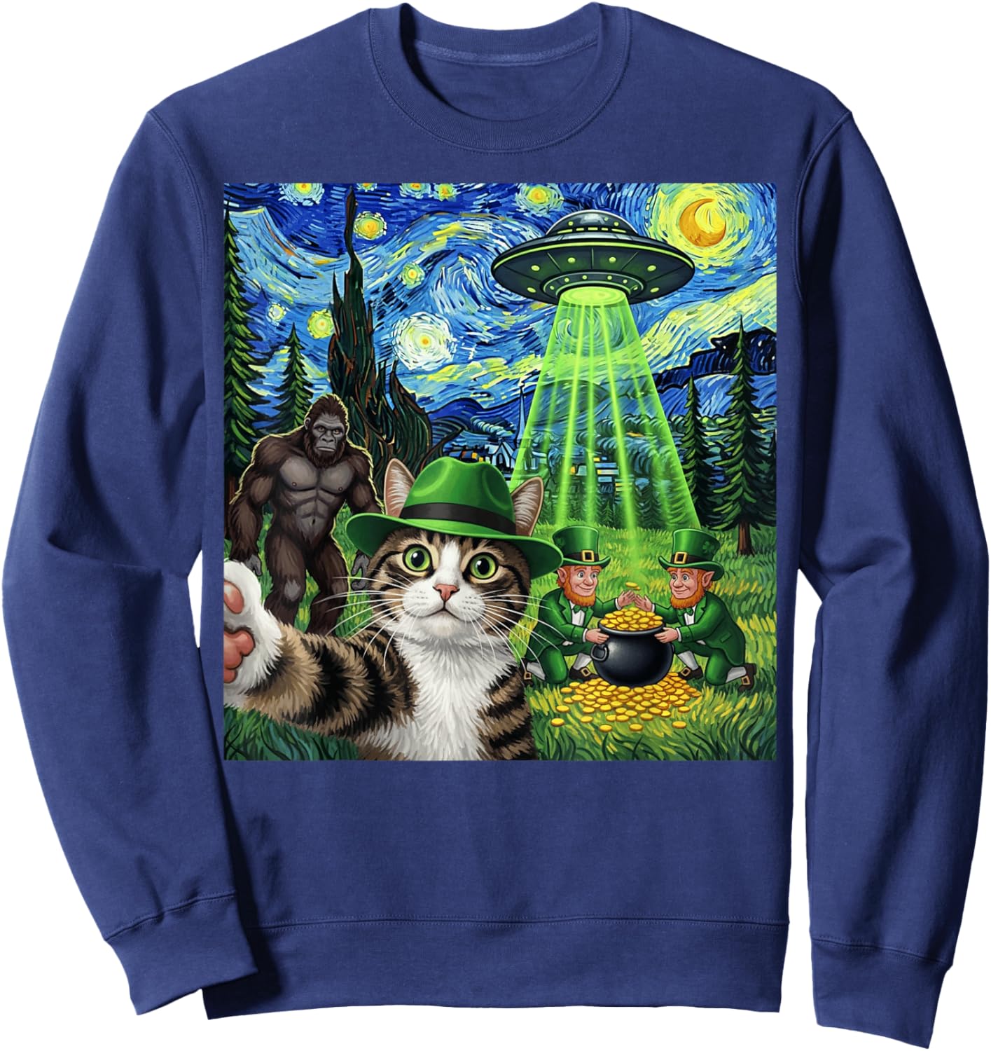 St Patricks Day Bigfoot Leprechaun Cat UFO Funny Scene Sweatshirt - Sweatshirt | Navy