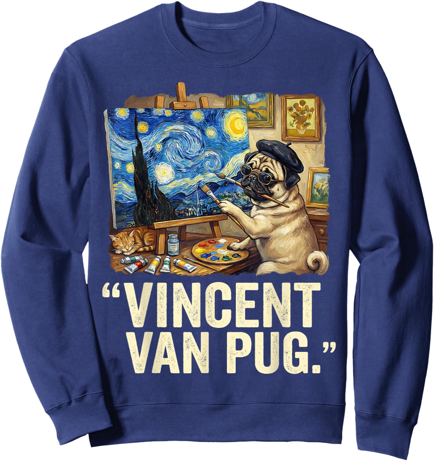 Starry Night Dog Van Gogh Pug Lovers Vincent Van Pug Sweatshirt - Sweatshirt | Navy