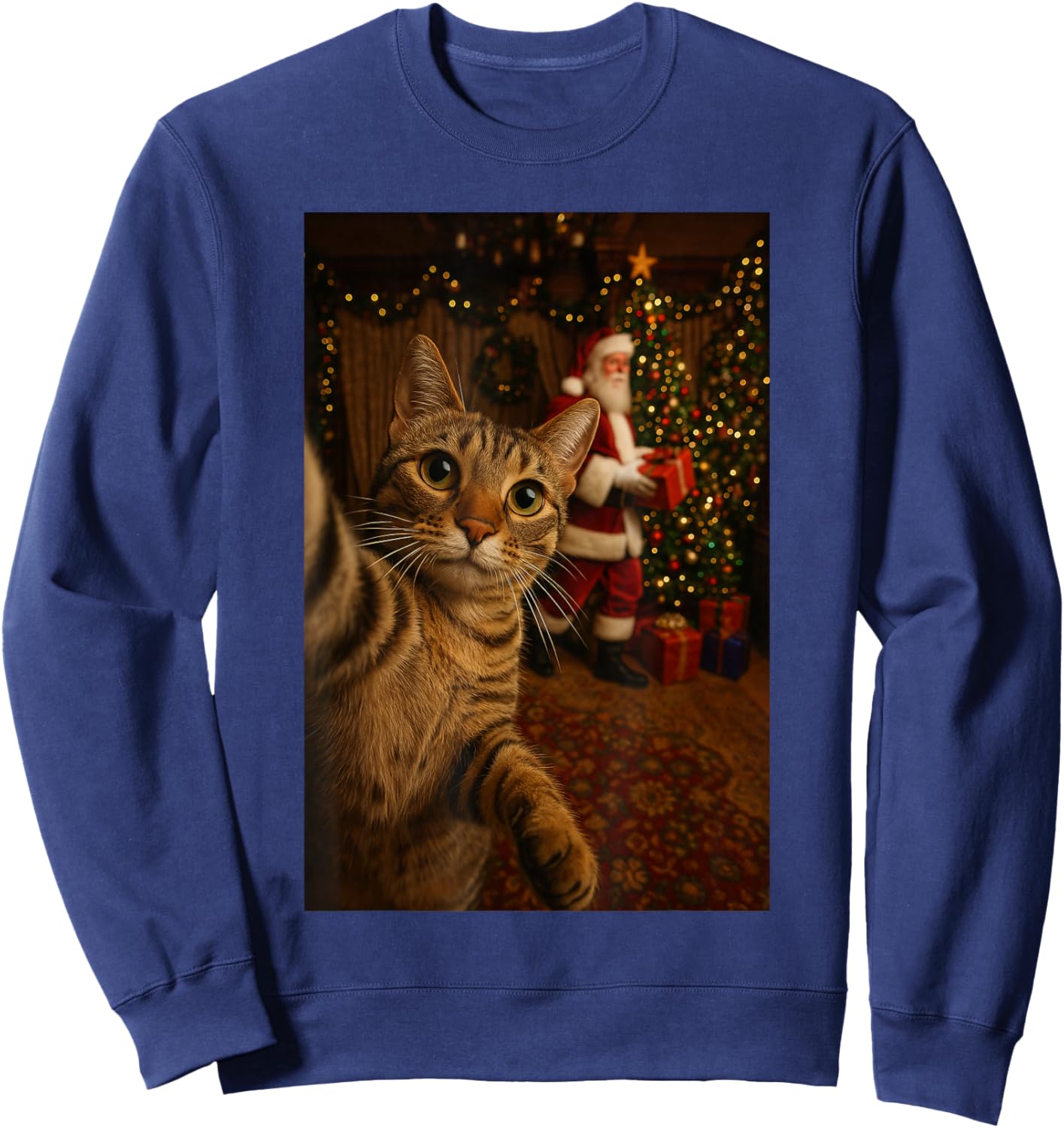 Santa Cat Christmas Tree Shirt, Funny Christmas Cat Selfie Sweatshirt - Sweatshirt | Navy
