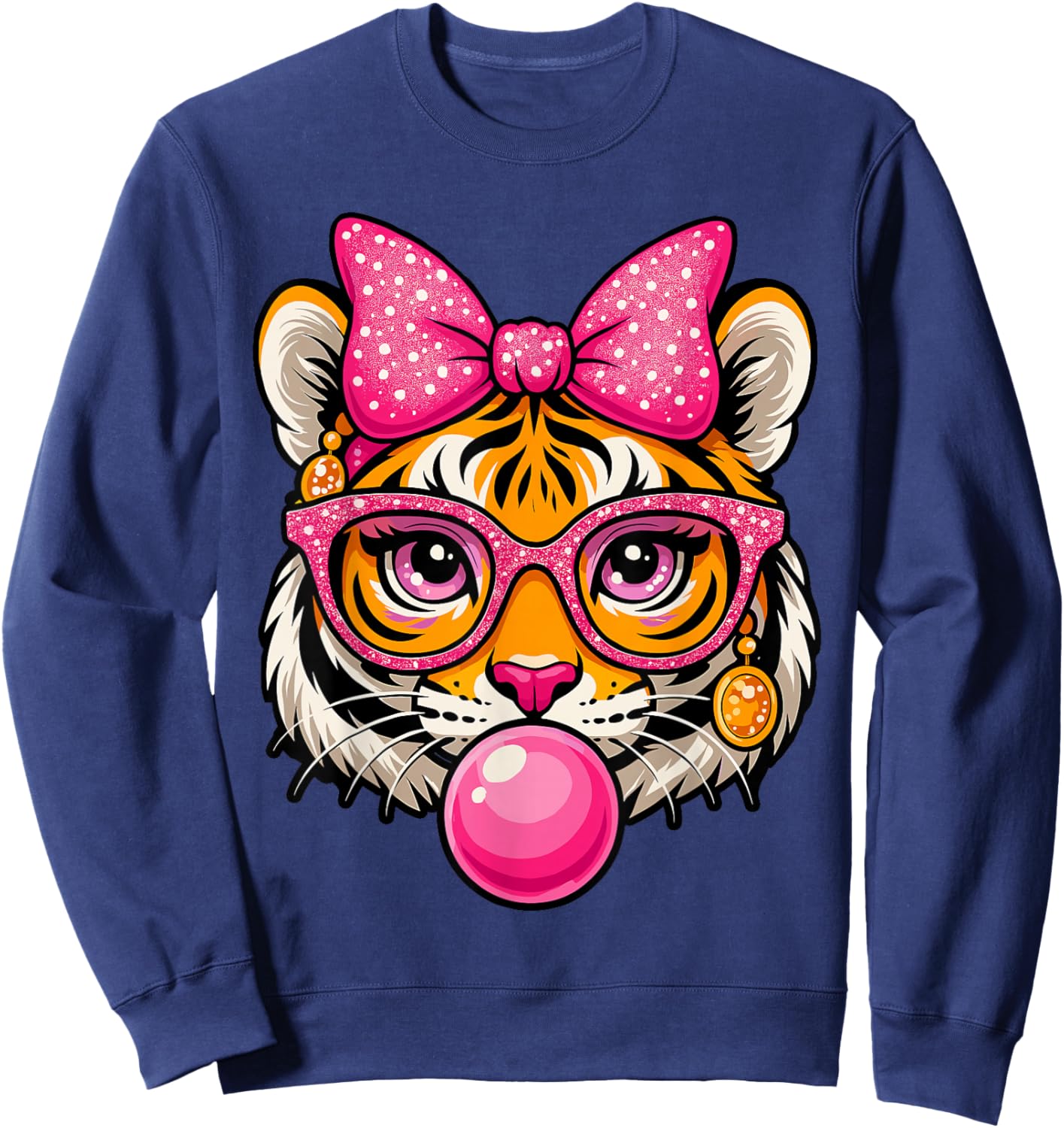 Pink Bow Tiger Shirt for Girls Cute Glasses Tiger Bubble Gum Sweatshirt - Sweatshirt | Navy