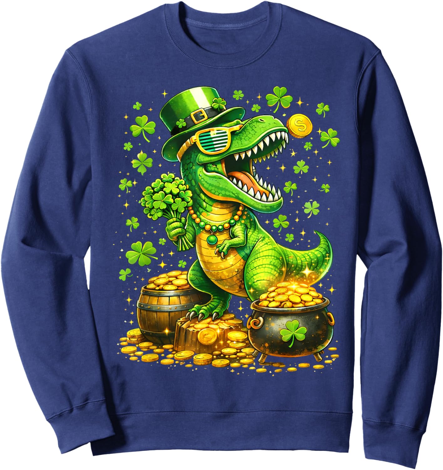 St Patricks Day Dinosaur T Rex Shamrock Kids Boys Sweatshirt - Sweatshirt | Navy