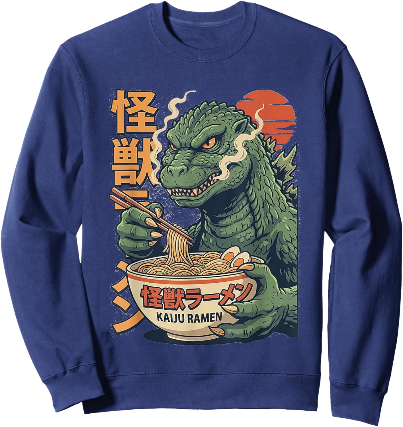 Retro Kaiju Eating Ramen Japanese Monster Lover Funny Sweatshirt - Sweatshirt | Navy