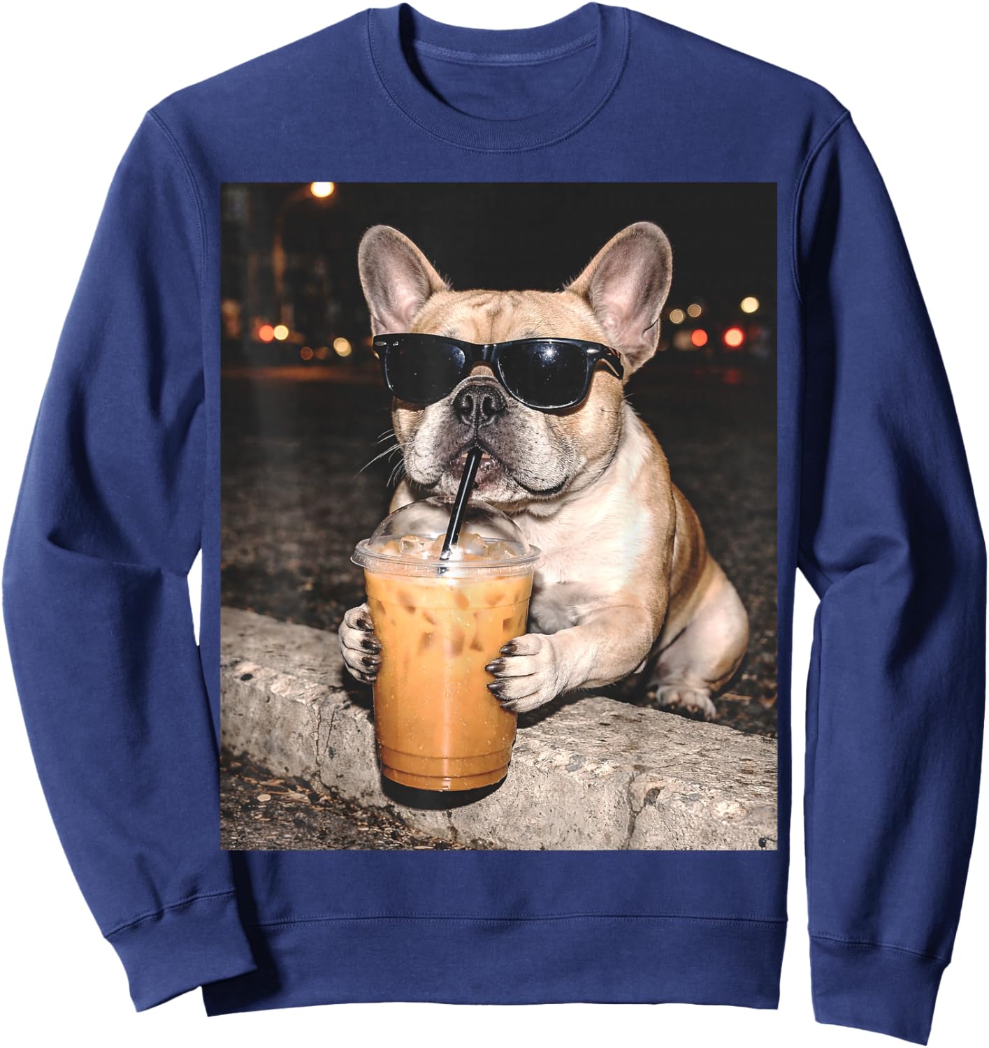 French Bulldog Drinking Iced Coffee Funny Animal Sweatshirt - Sweatshirt | Navy
