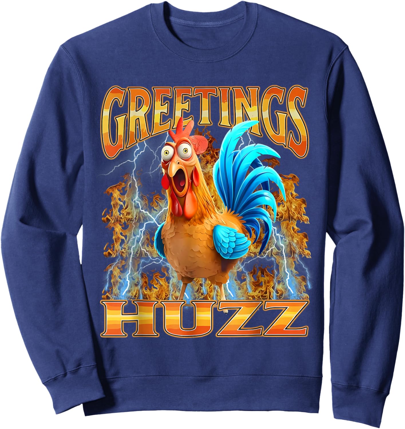 Greetings Huzz Funny Chicken Meme Graphic Design Sweatshirt - Sweatshirt | Navy