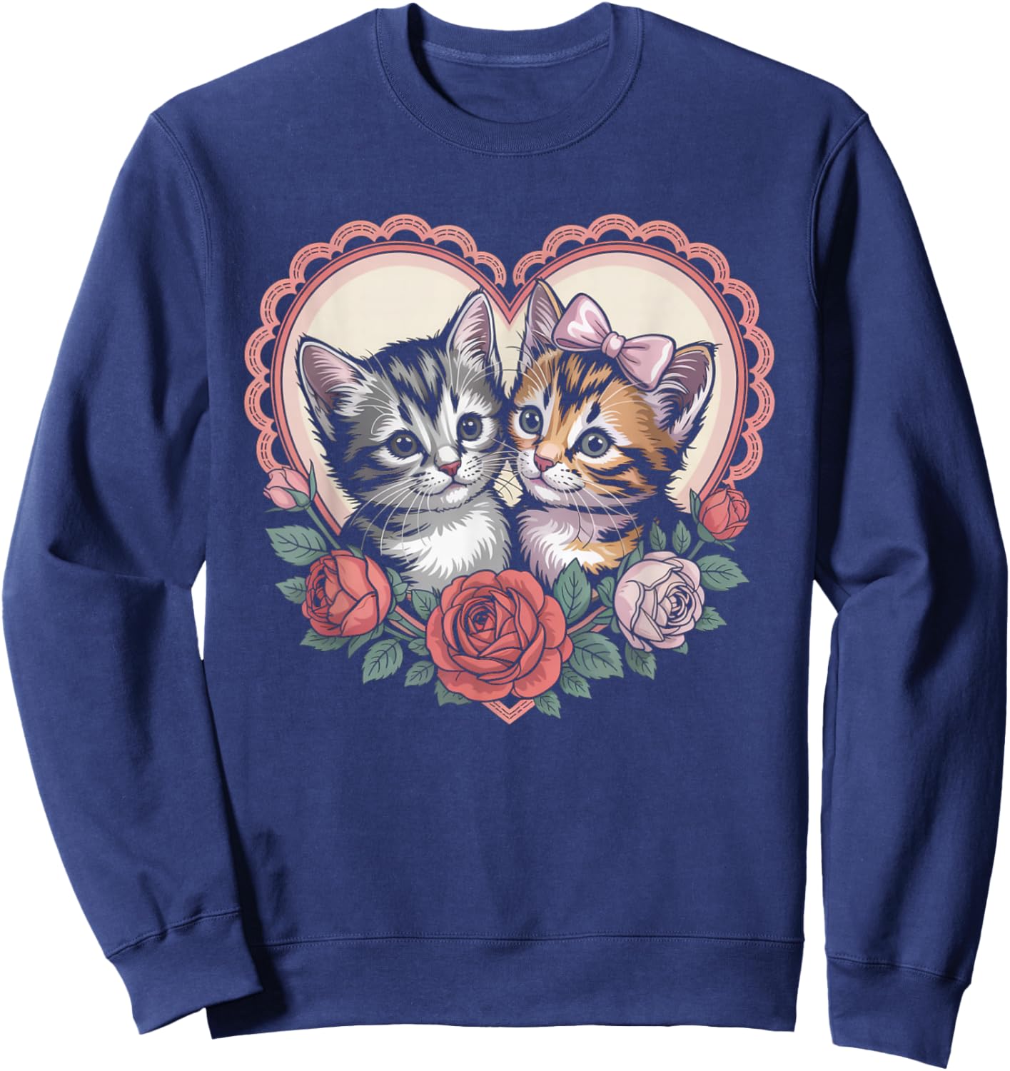Cute Kittens in Heart with Roses Romantic Cat Sweatshirt - Sweatshirt | Navy