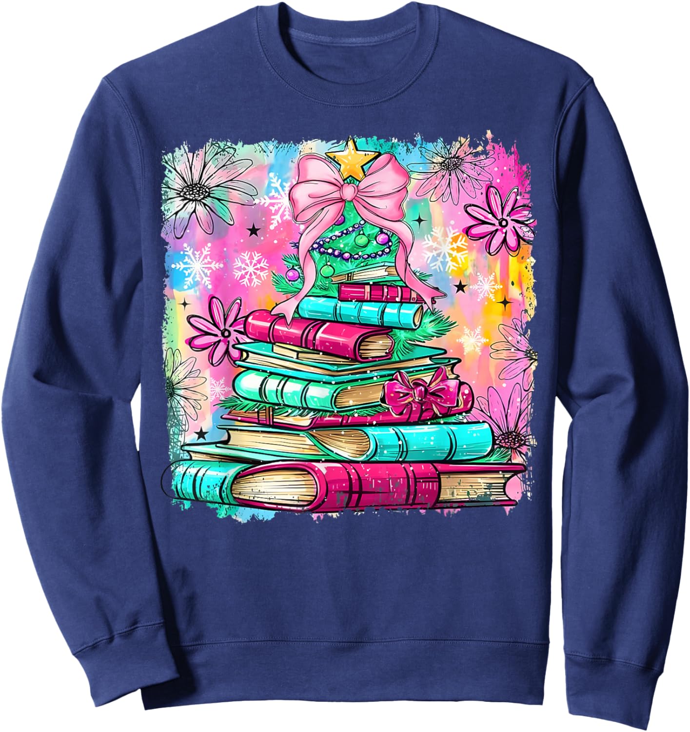 Book Christmas Tree Lights Teacher Librarian Book Lovers Sweatshirt - Sweatshirt | Navy