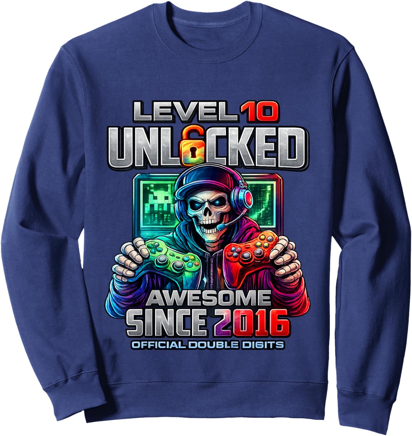 Kids Level 10 Unlocked Awesome Since 2016 10th Birthday Gaming Sweatshirt - Sweatshirt | Navy