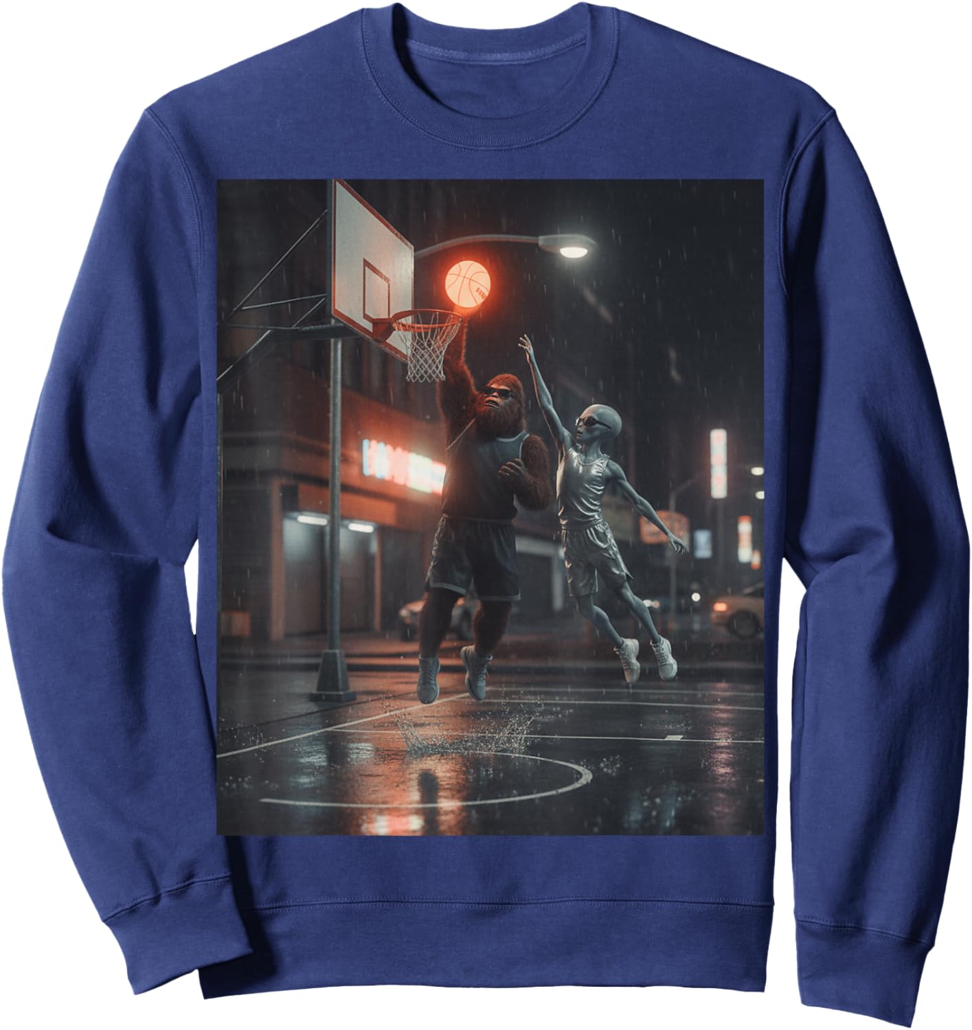 Bigfoot and Alien Basketball. UFO Bigfoot Cryptid Sports Sweatshirt - Sweatshirt | Navy