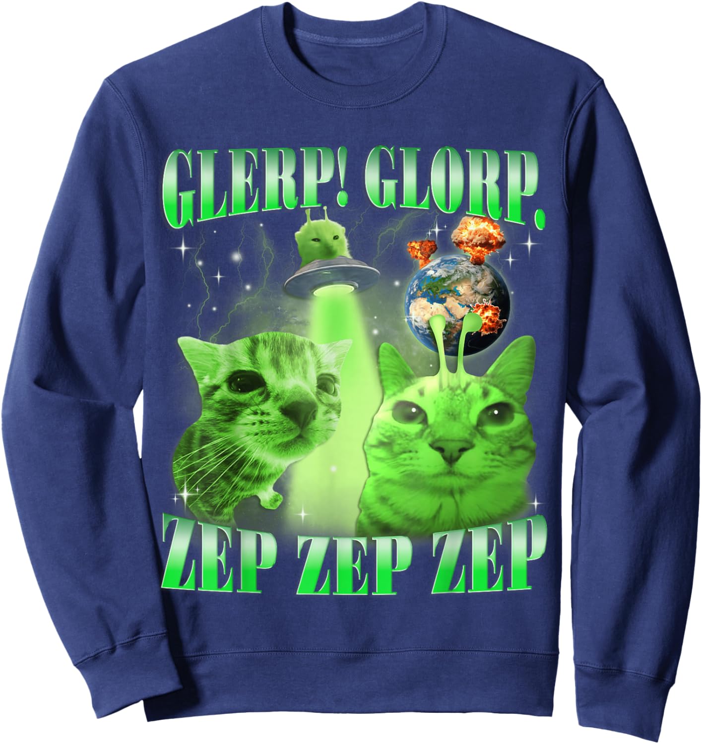 UFO Glorp Zep Zep Alien Cat Funny Space Kitten Meme Sweatshirt - Sweatshirt | Navy