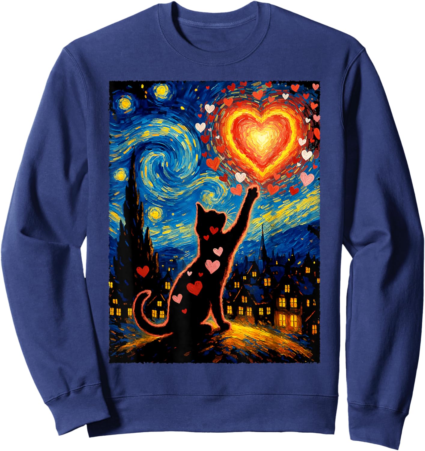 Romantic Cat Van Gogh Starry Night Valentine Art Lovers Sweatshirt - Sweatshirt | Navy