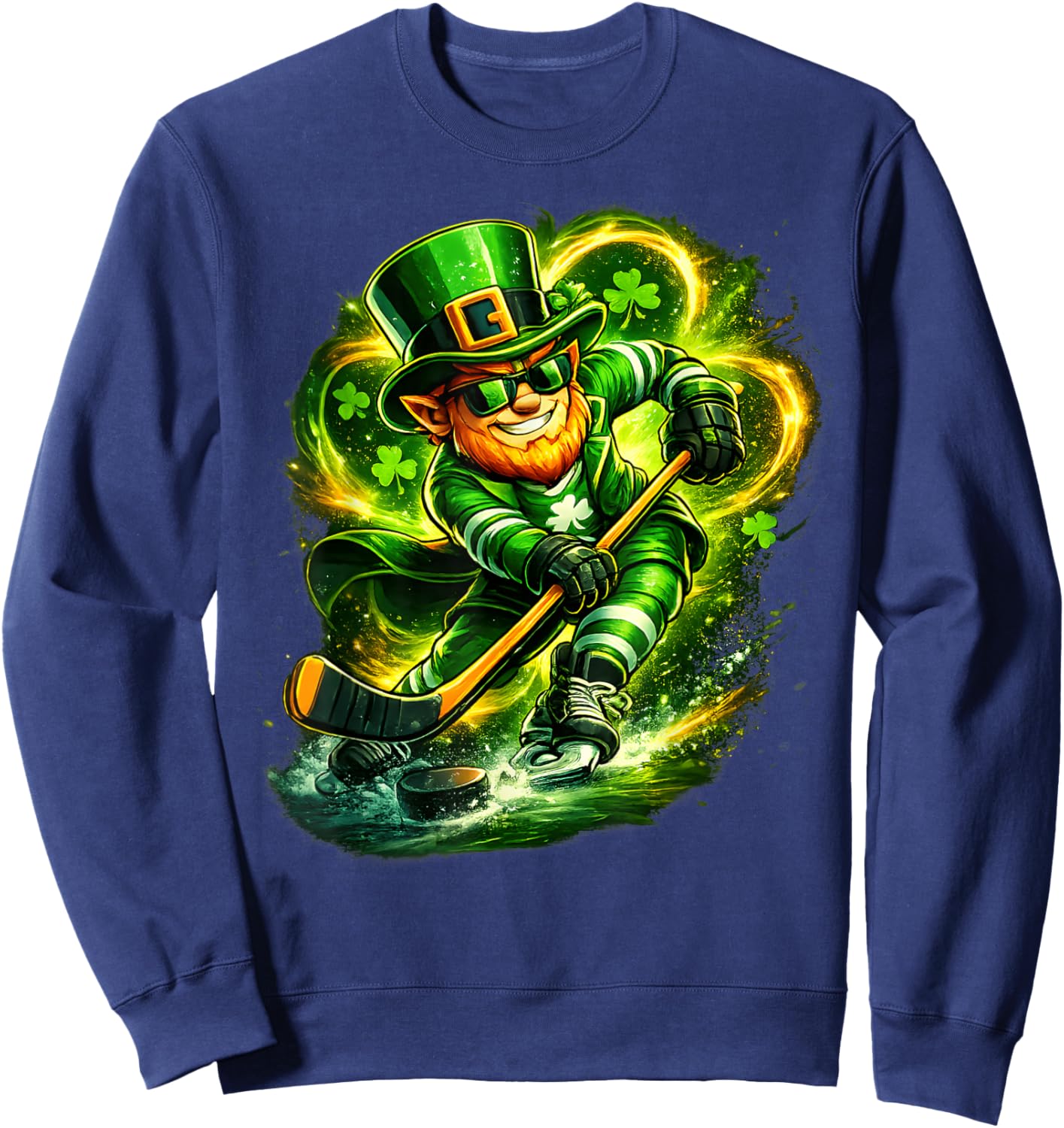 St Patricks Day Leprechaun Playing Hockey Sport Men Boys Sweatshirt - Sweatshirt | Navy