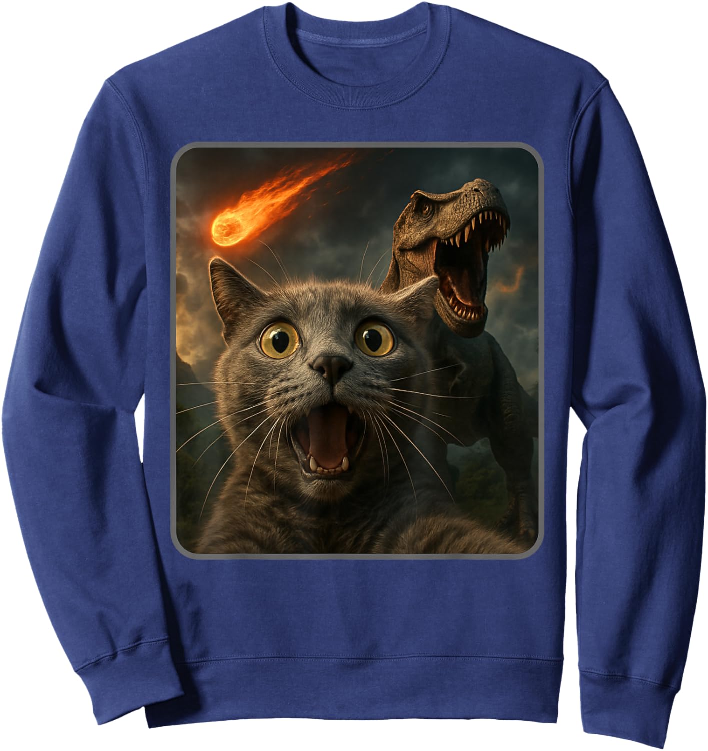 Cat Selfie with a T-Rex Funny Dinosaur Meme Sweatshirt - Sweatshirt | Navy