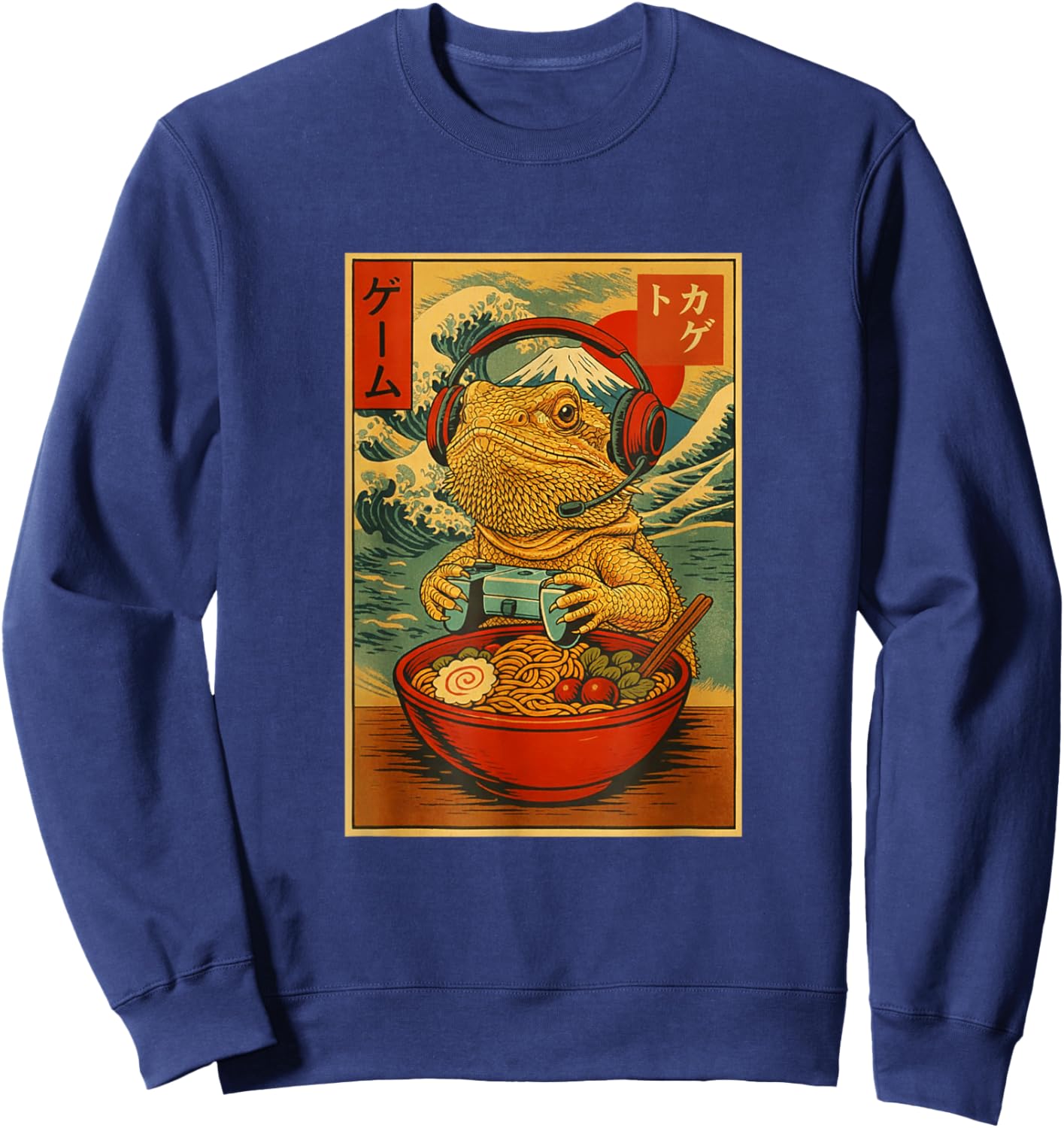 Bearded Dragon Gaming Ramen Ukiyo-e Great Wave Retro Art Sweatshirt - Sweatshirt | Navy