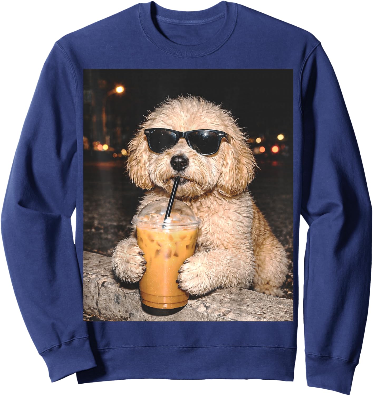 Goldendoodle Dog Drinking Iced Coffee Funny Animal Meme Sweatshirt - Sweatshirt | Navy