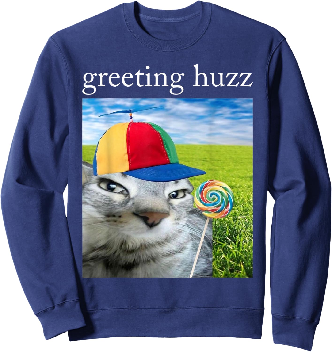 Greetings Huzz Funny Silly Cat with Lollipop Gen Z Meme Sweatshirt - Sweatshirt | Navy