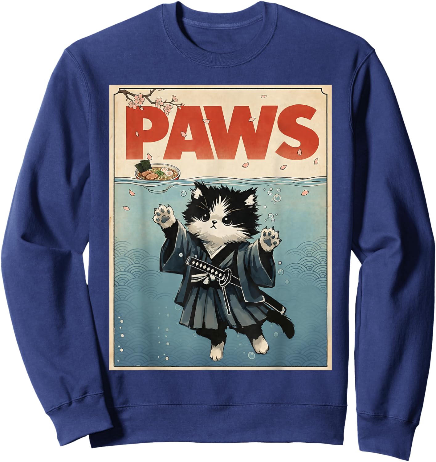 Retro Cat Samurai Ramen Lover Japanese Funny Cat Sweatshirt - Sweatshirt | Navy