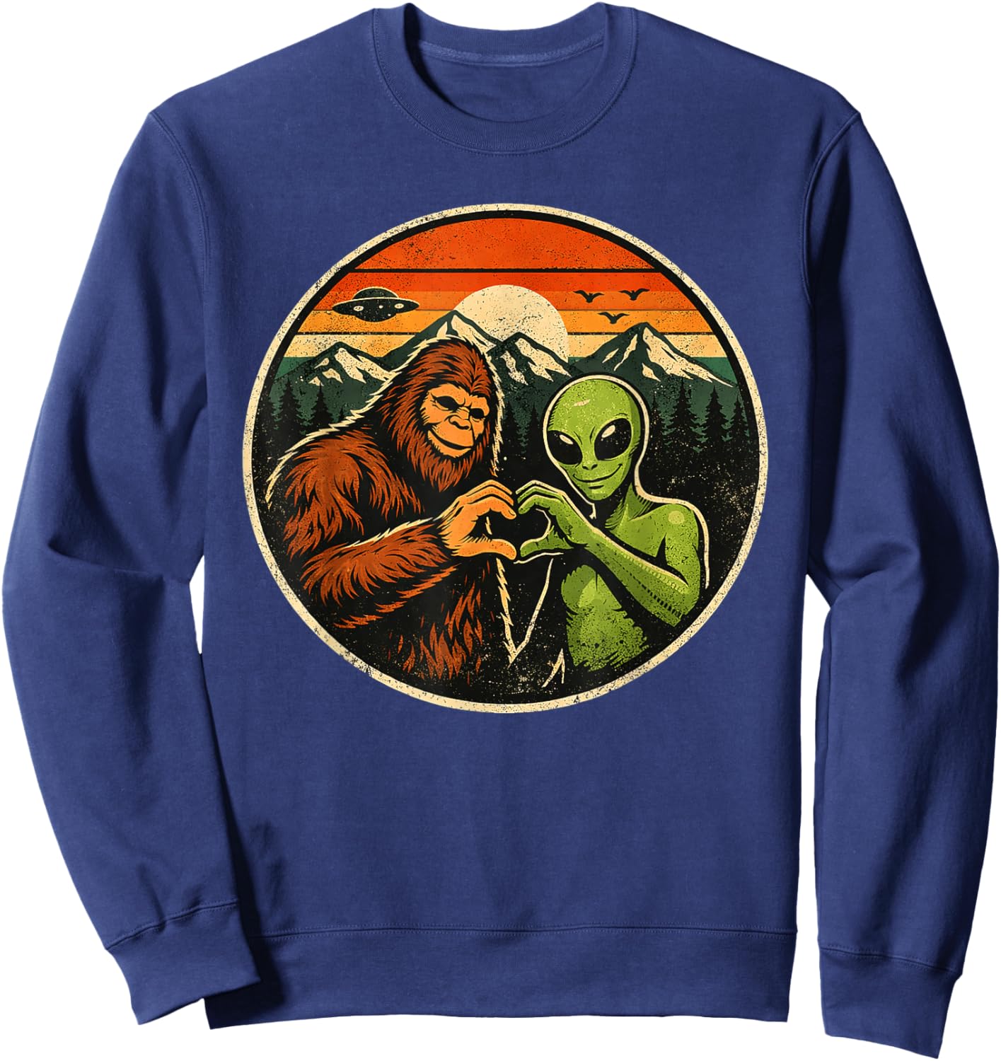 Bigfoot & Alien Making A Heart Sunset Kids Boys Valentines Sweatshirt - Sweatshirt | Navy
