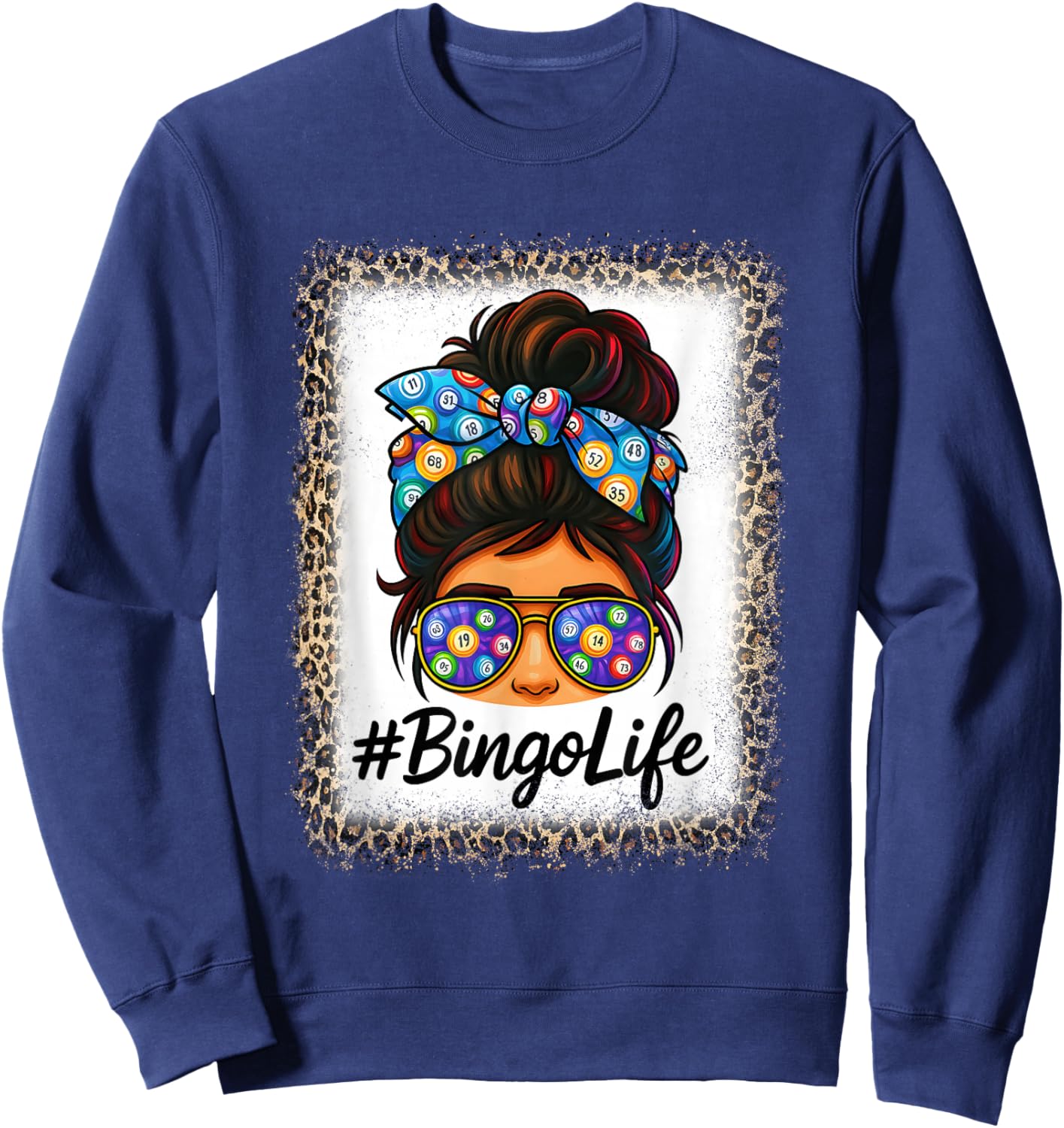 Bingo Life Messy Bun Women Bingo Lover Grandma Leopard Print Sweatshirt - Sweatshirt | Navy