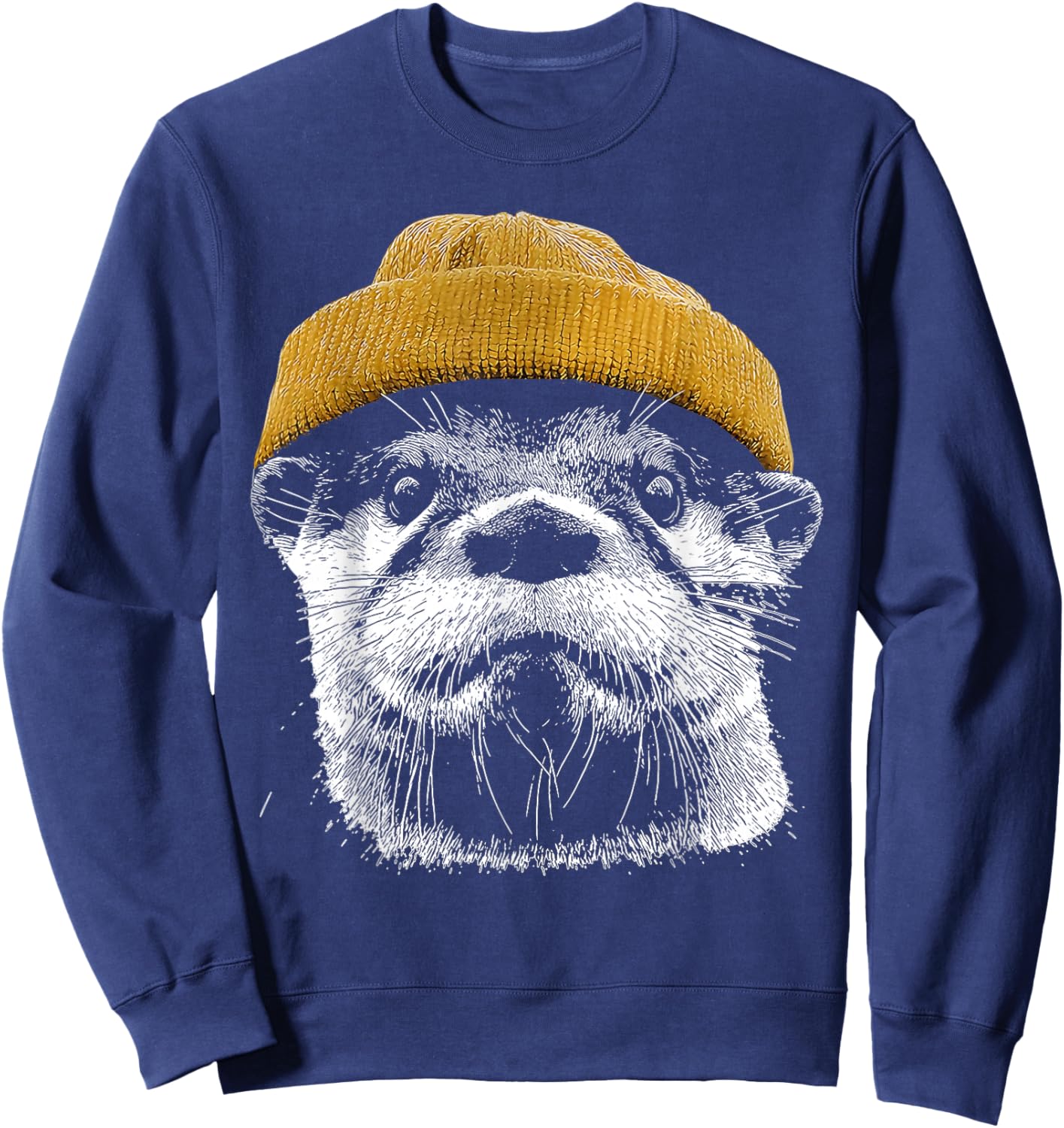 Retro River Otter Wearing Beanie Cute Otter Animal Art Sweatshirt - Sweatshirt | Navy