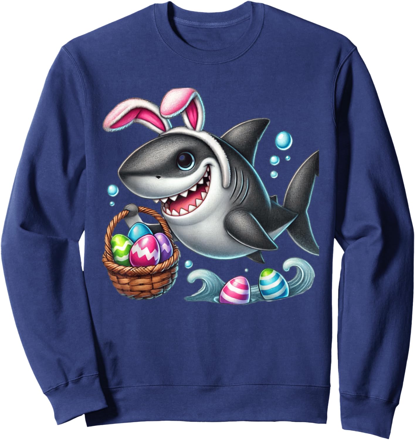 Easter Shark Easter Basket Bunny Ears Happy Easter Boys Sweatshirt - Sweatshirt | Navy