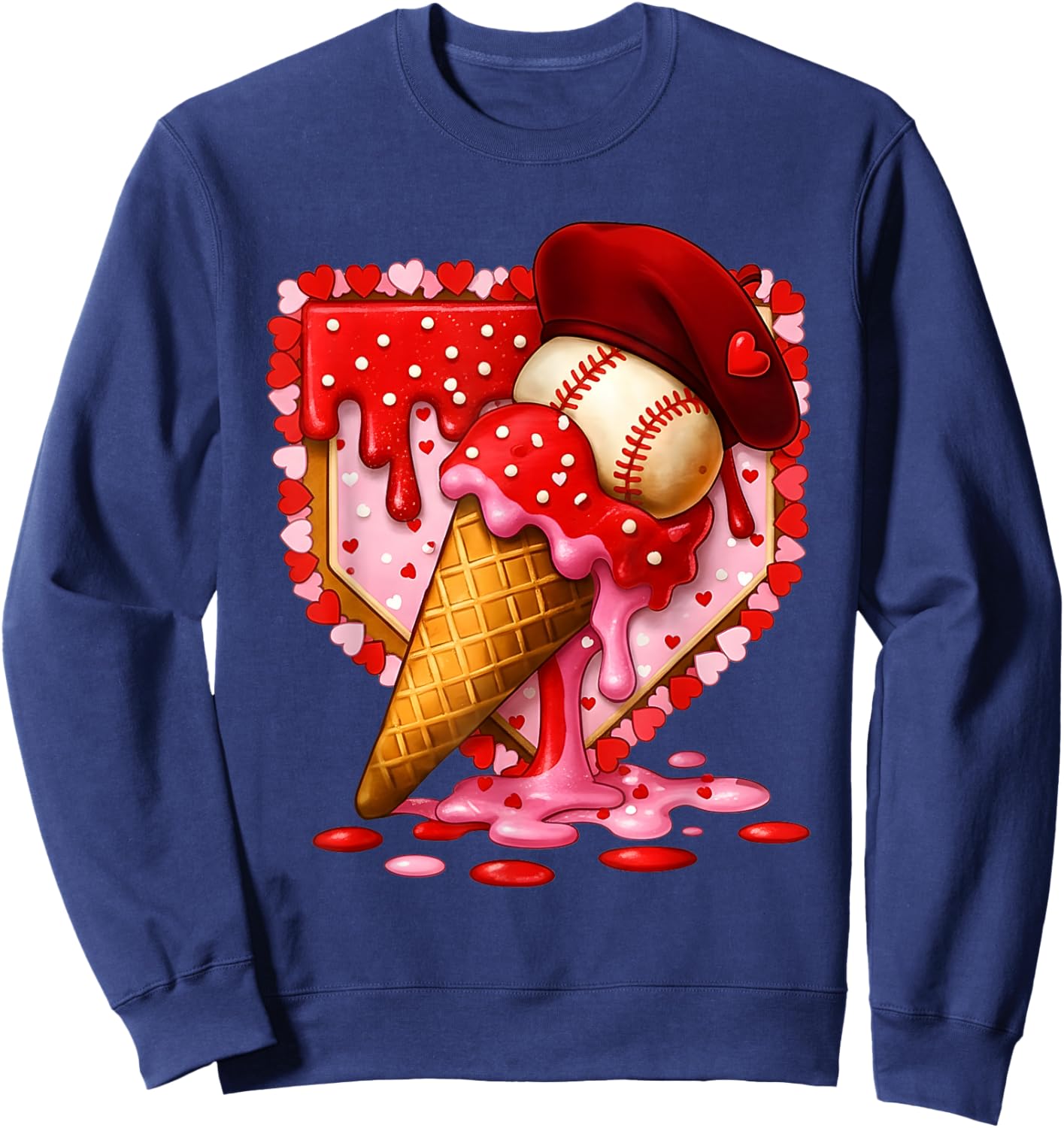 Baseball Heart Valentine Baseball Ice Cream Drip Boys Girls Sweatshirt - Sweatshirt | Navy