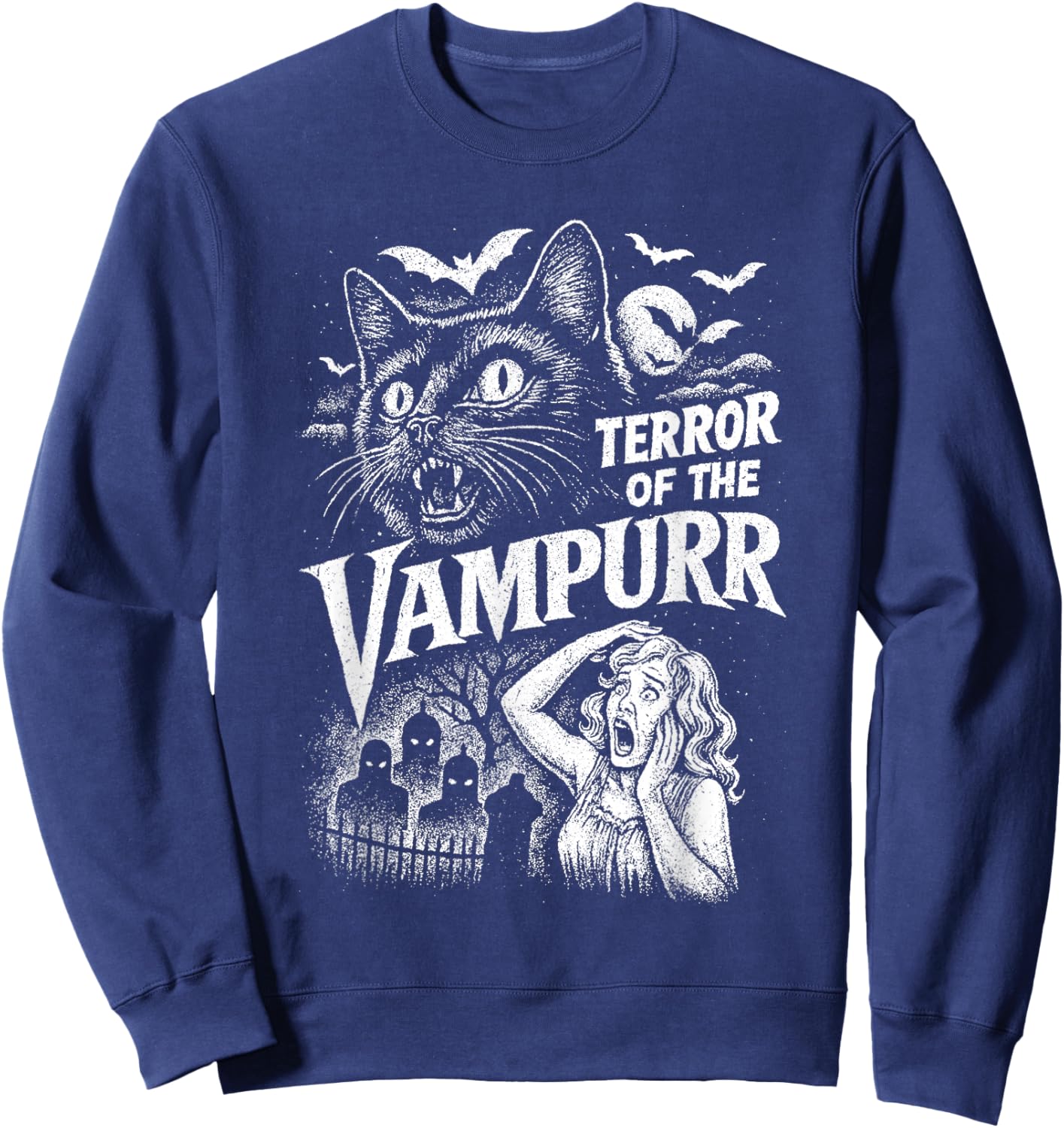 Terror of The Vampurr Halloween Cat Vintage Movie Spooky Sweatshirt - Sweatshirt | Navy