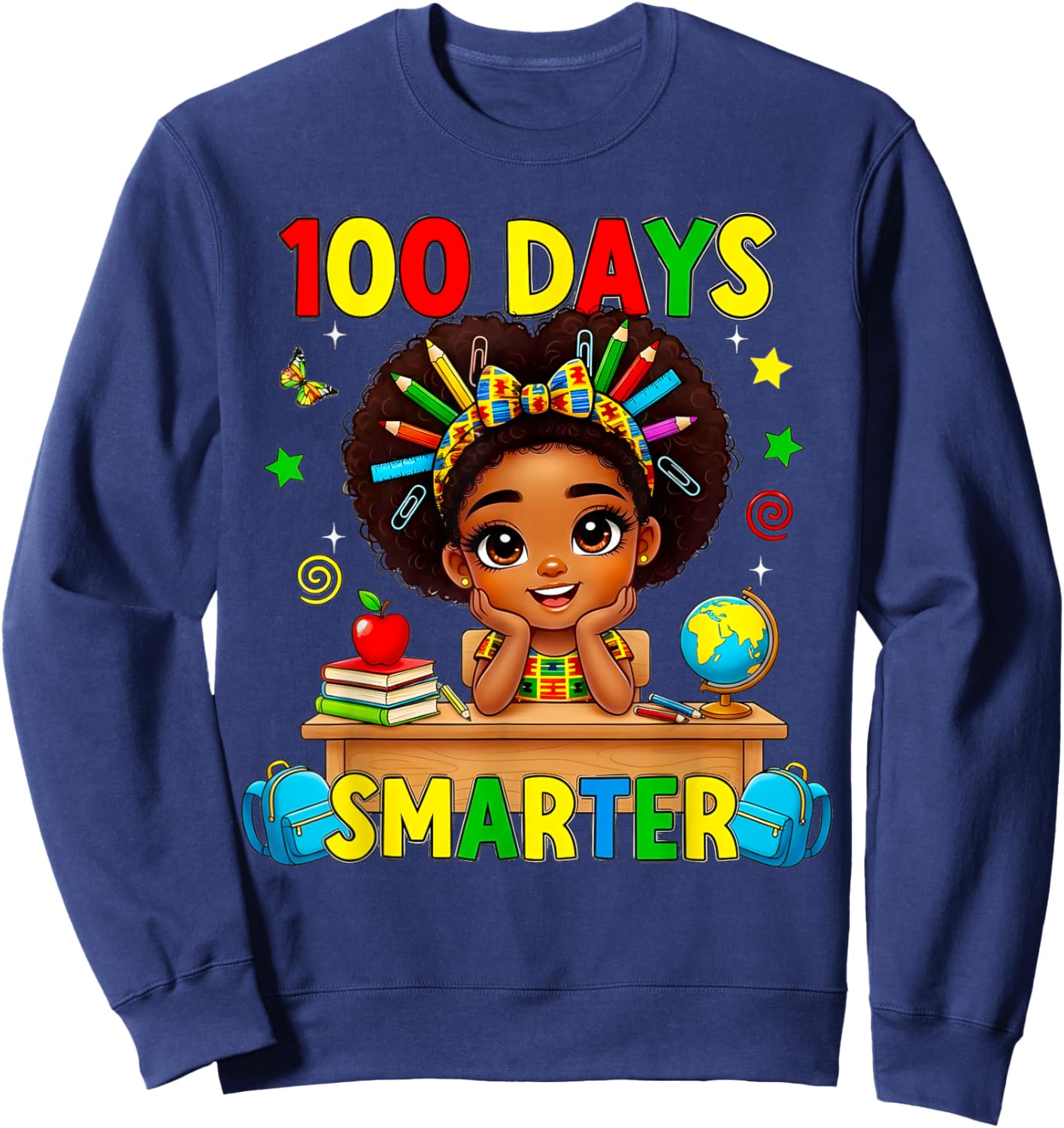 100 Days of School Afro Girl 100th Day Teacher Messy Bun Sweatshirt - Sweatshirt | Navy