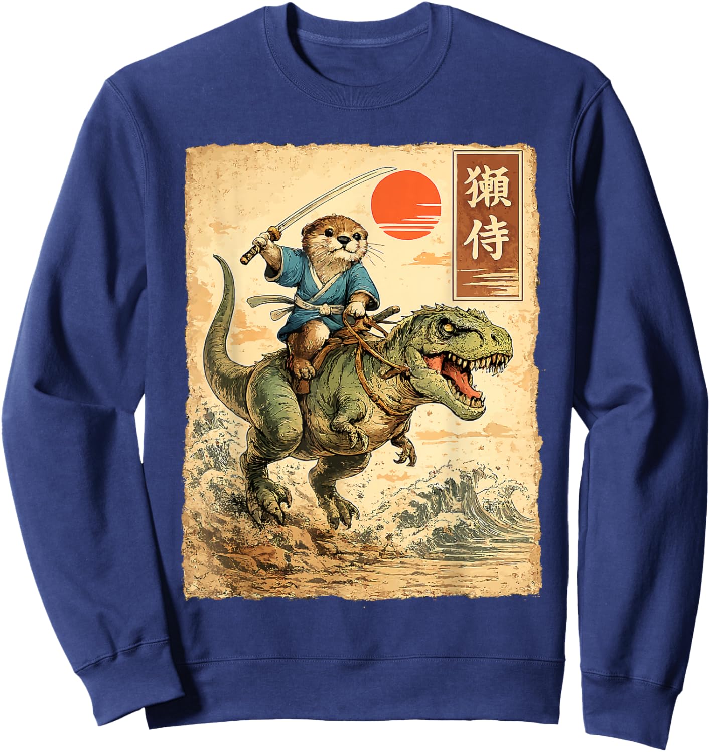 Funny Japanese Samurai Otter Riding T-Rex Retro Ukiyo-e Art Sweatshirt - Sweatshirt | Navy
