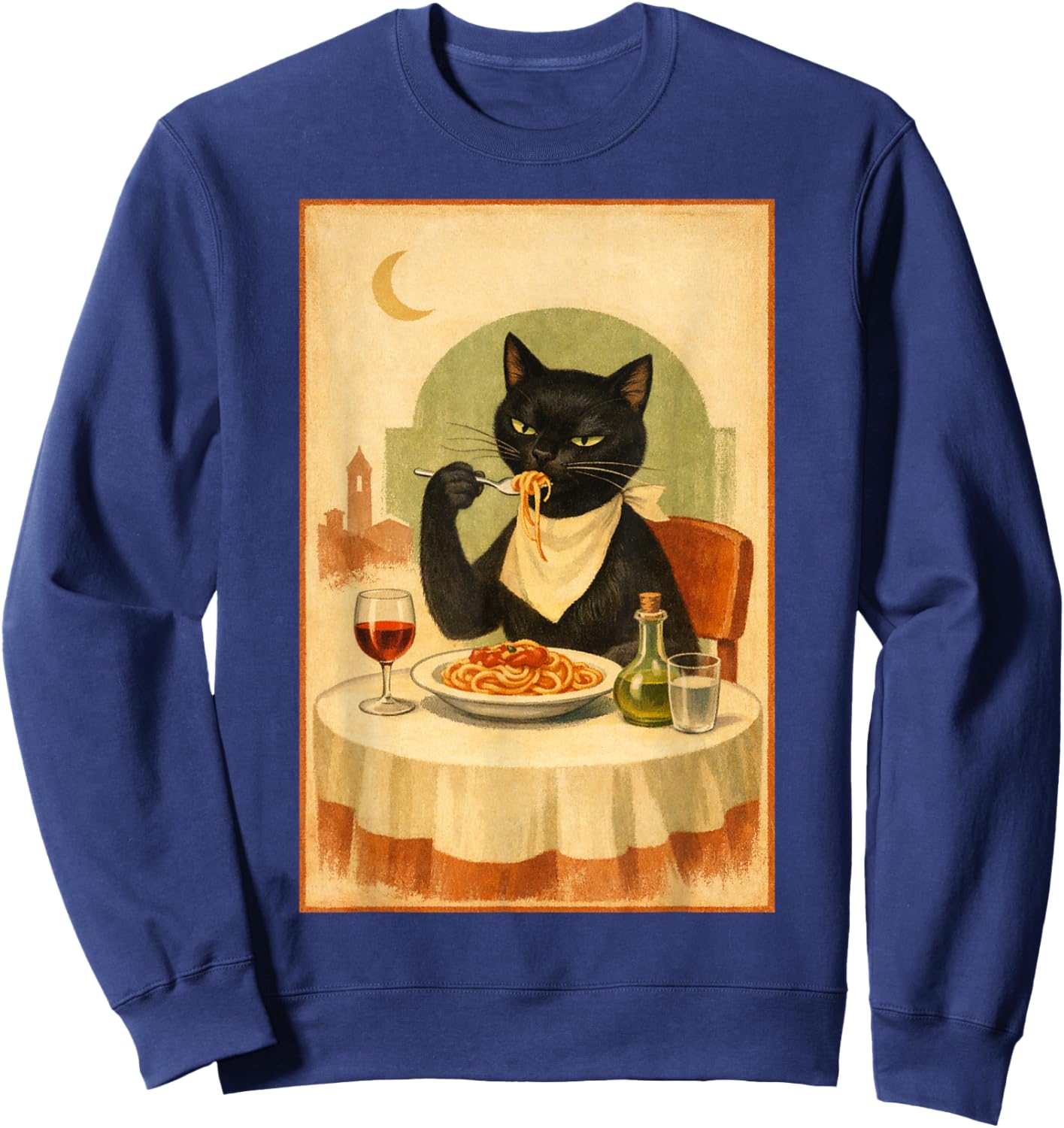 Black Cat Eating Spaghetti Illustration Sweatshirt - Sweatshirt | Navy