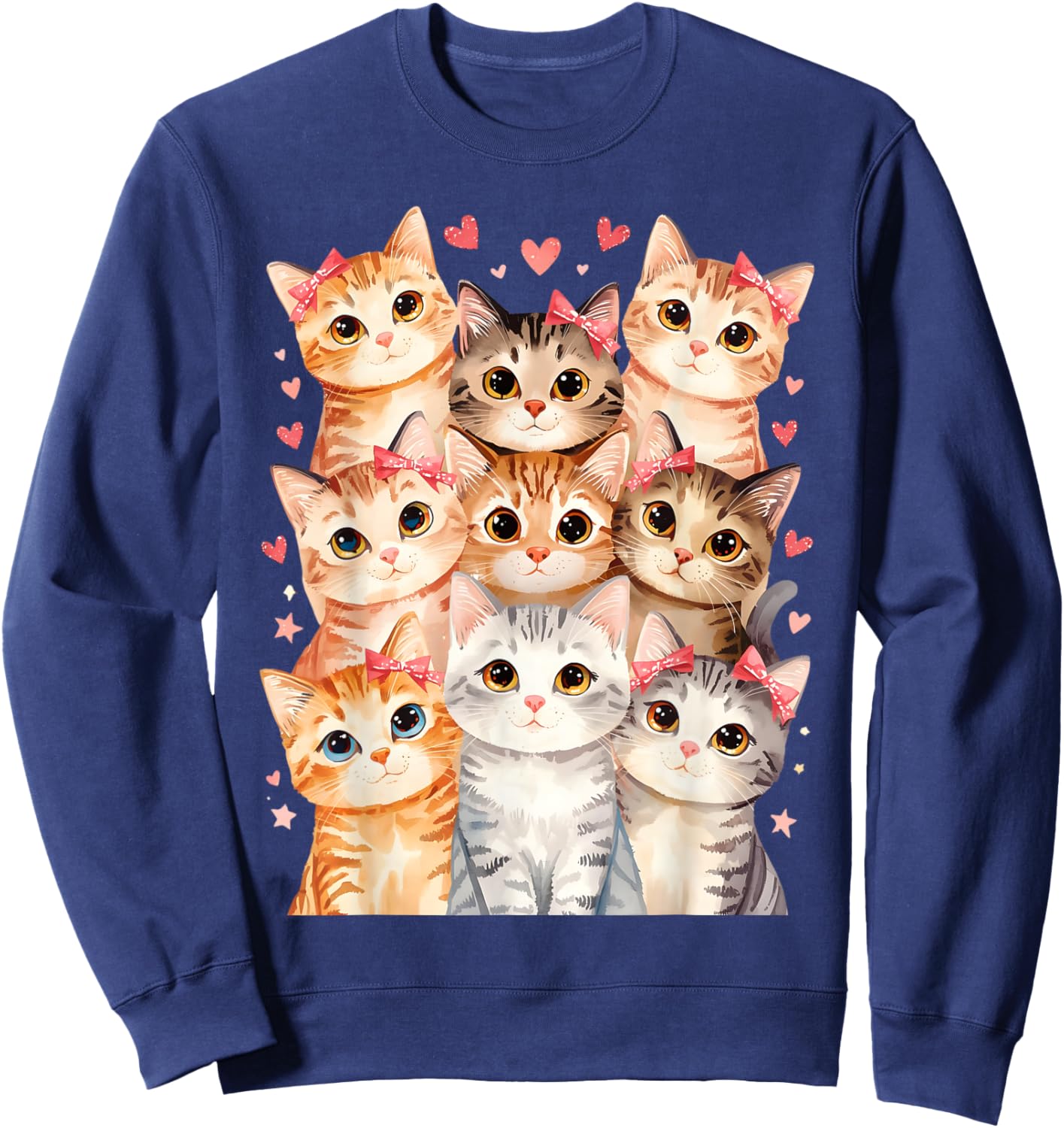 Cat Loving Girls Nine Cats with Pink Bows and Love Heart Sweatshirt - Sweatshirt | Navy