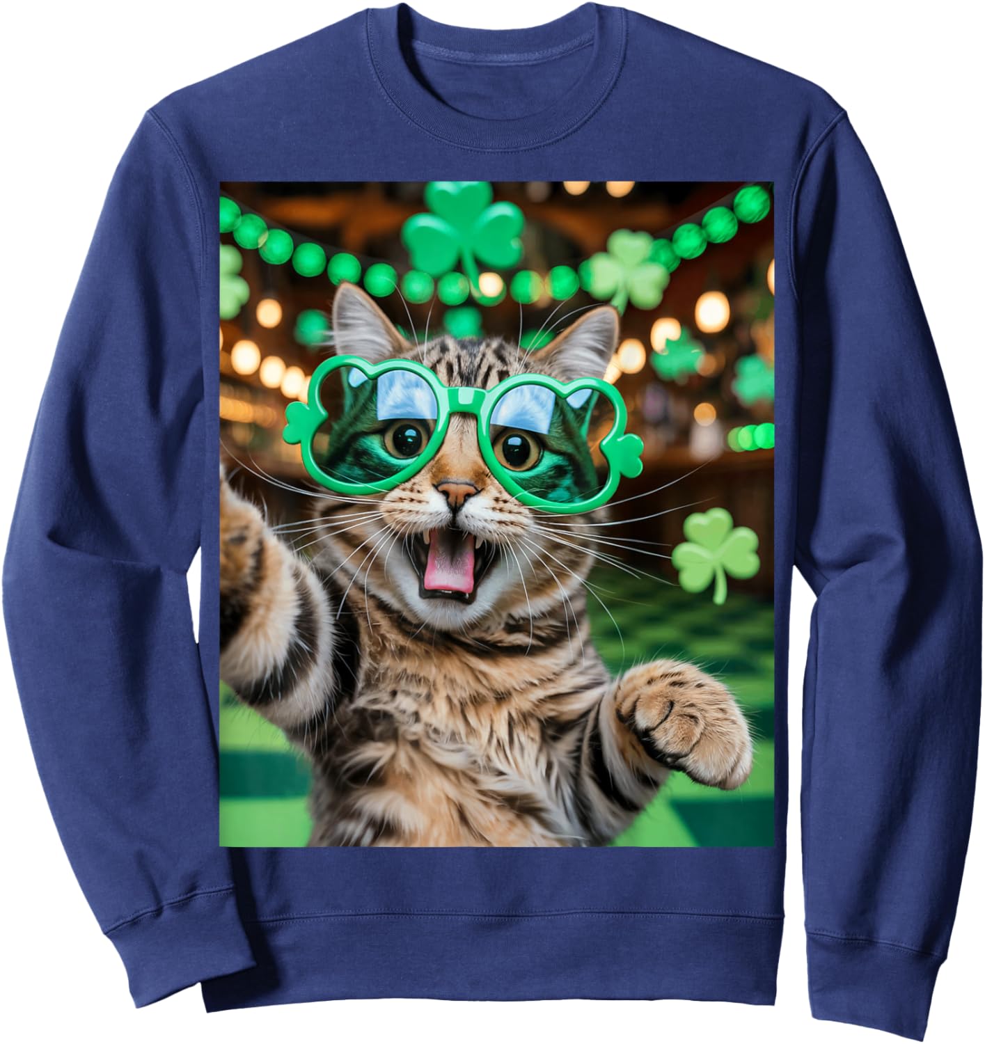 Funny Shamrock Selfie Cat Design Funny St Patrick’s Day Sweatshirt - Sweatshirt | Navy