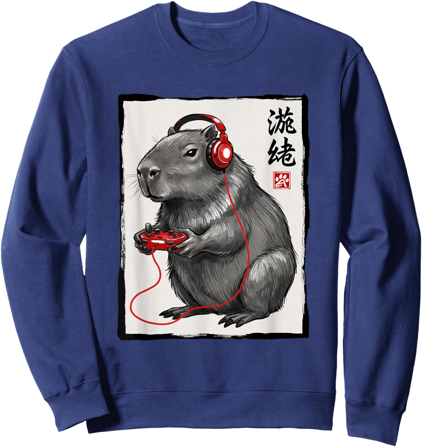 Capybara Gamer with Headphones Japanese Kanji Kids Gaming Sweatshirt - Sweatshirt | Navy