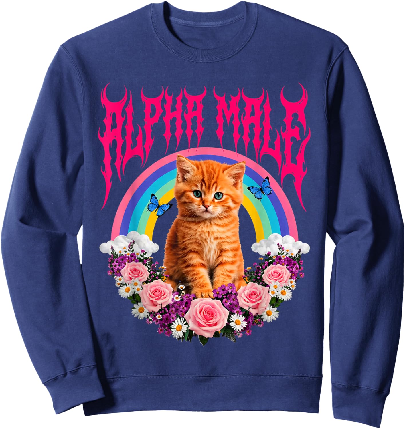 Cute Alpha Male Funny Cat Kitten Rainbow Floral Sweatshirt - Sweatshirt | Navy
