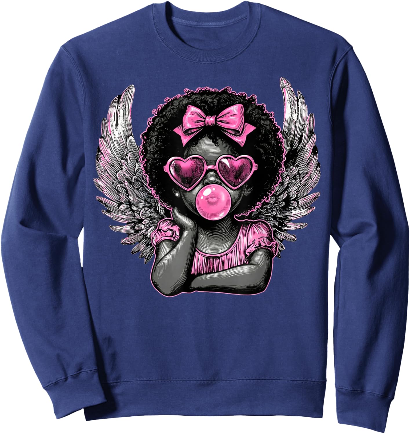 Afro Cupid with Sunglasses Blowing Bubble Gum Valentine Sweatshirt - Sweatshirt | Navy