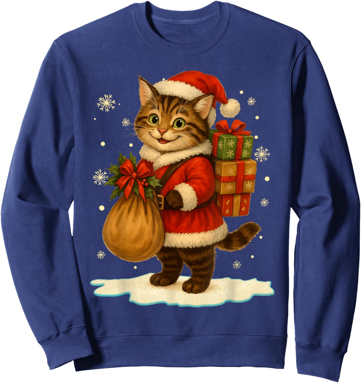 Cat Christmas Santa Hat Vintage Cat Lover Holiday Women Kids Sweatshirt - Sweatshirt | Navy