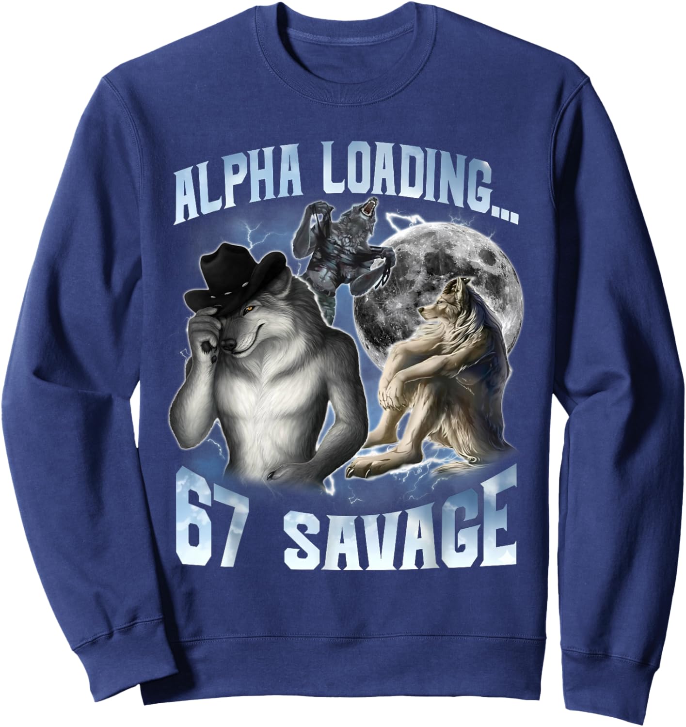 Alpha Wolf Loading 67 Savage Funny Wolves Y2K Funny Meme Sweatshirt - Sweatshirt | Navy