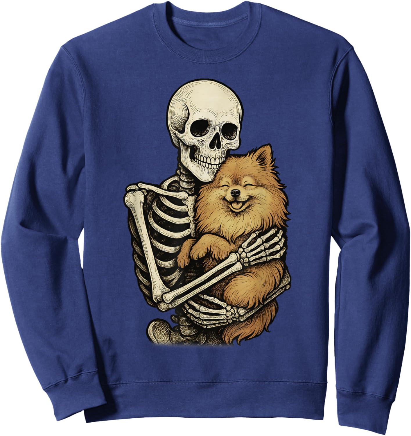 Skeleton Hugging Dog Pomeranian Funny Halloween Sweatshirt - Sweatshirt | Navy