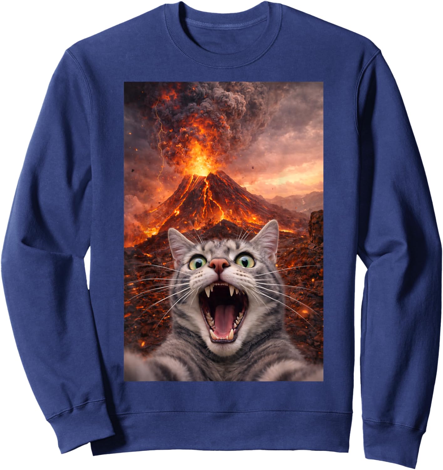 Funny Scared Cat Selfie During Volcano Eruption Sweatshirt - Sweatshirt | Navy