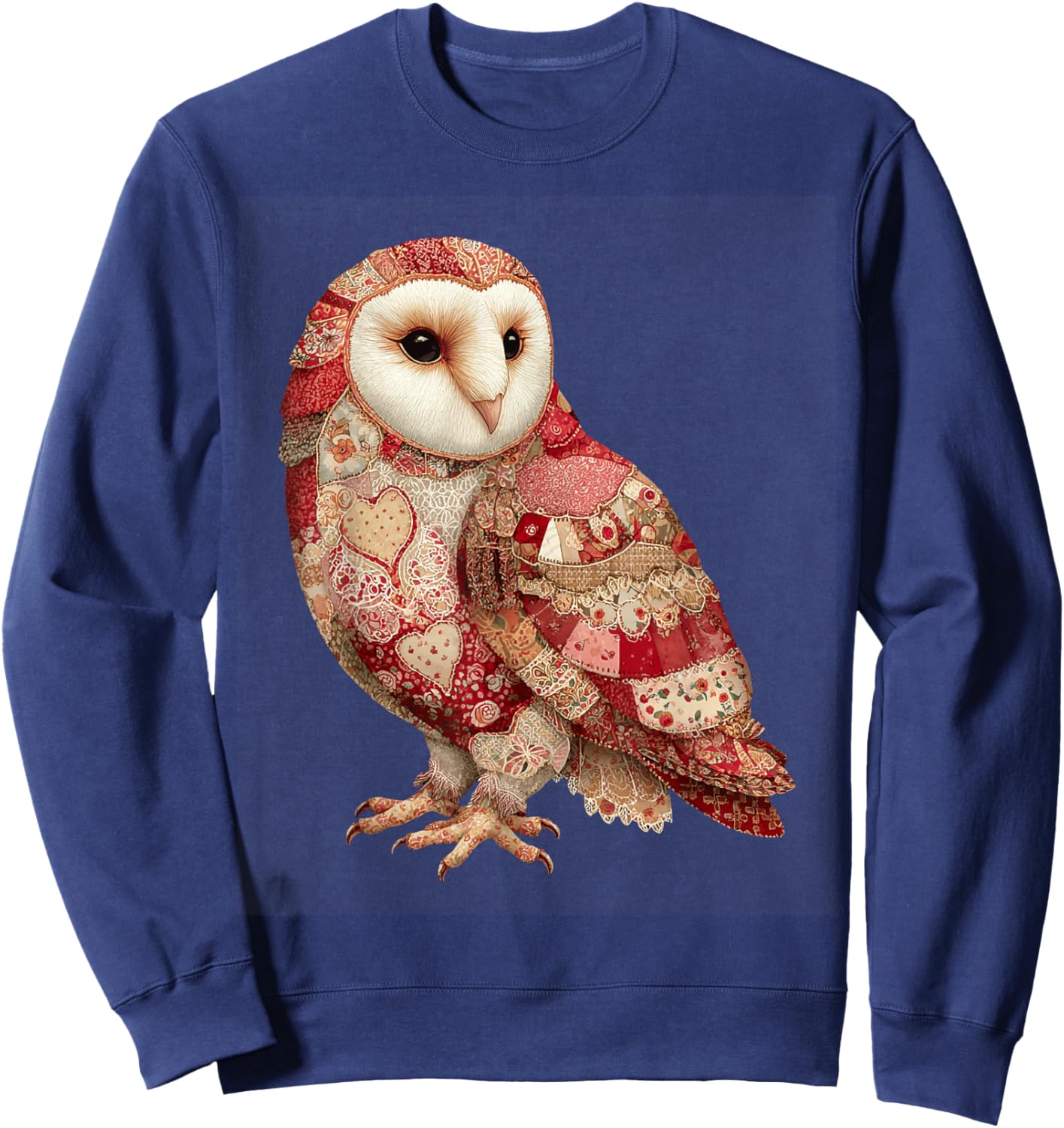 Whimsical Patchwork Owl with Hearts Pattern Sweatshirt - Sweatshirt | Navy