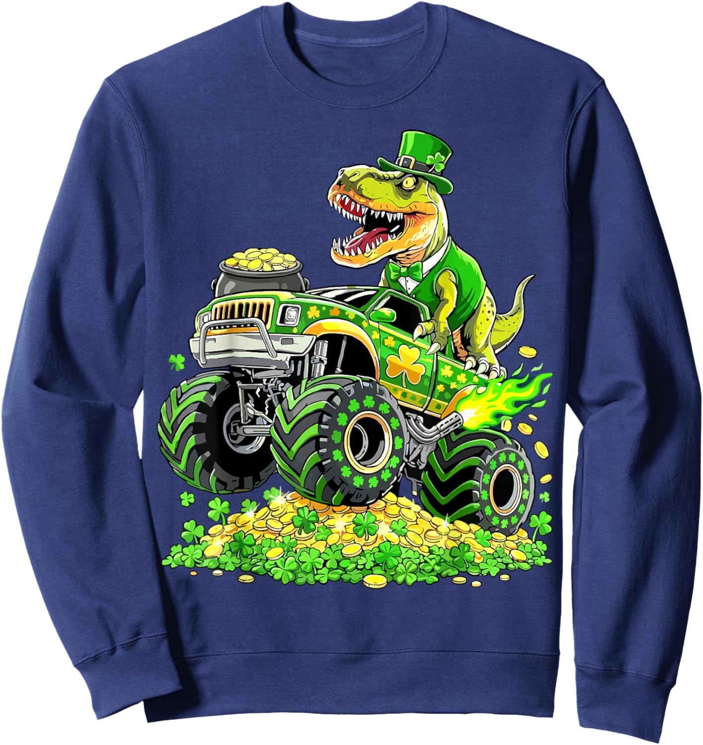 St Patricks Day T Rex Monster Truck Shamrock Sweatshirt - Sweatshirt | Navy