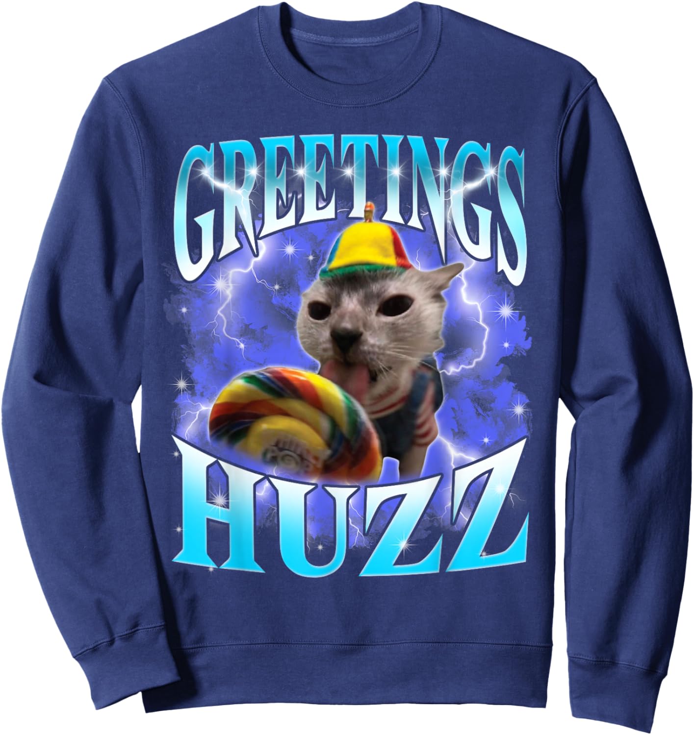 Funny Gen Z Gen Alpha Slang Cat Meme Greetings Huzz Cat Meme Sweatshirt - Sweatshirt | Navy