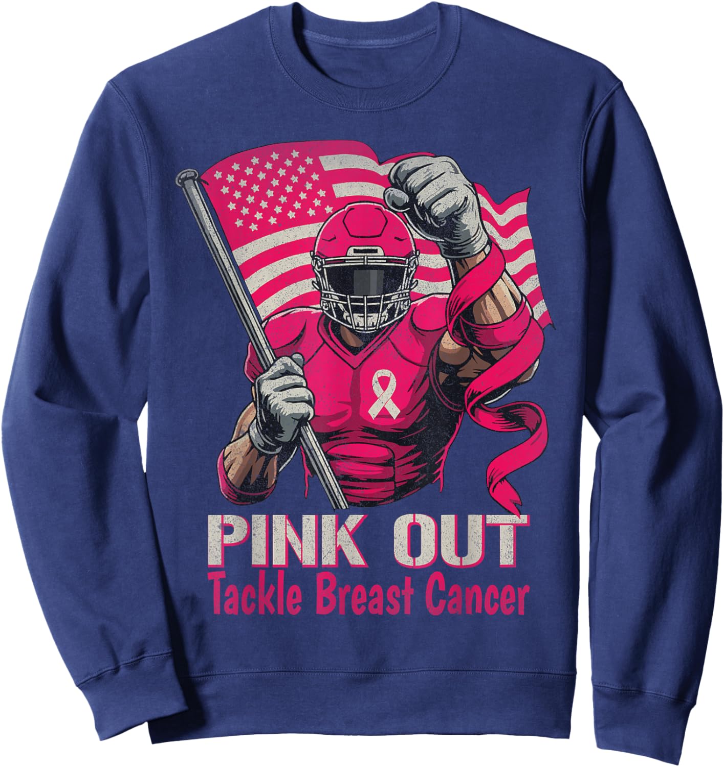 Pink Out Tackle Breast Cancer Football American Flag Ribbon Sweatshirt - Sweatshirt | Navy