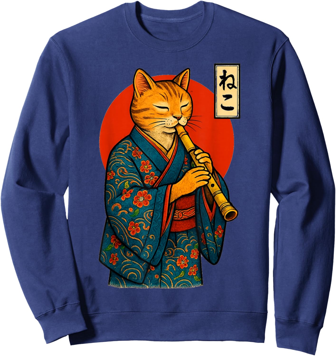 Vintage Japanese Samurai Cat Playing The Shakuhachi Flute Sweatshirt - Sweatshirt | Navy