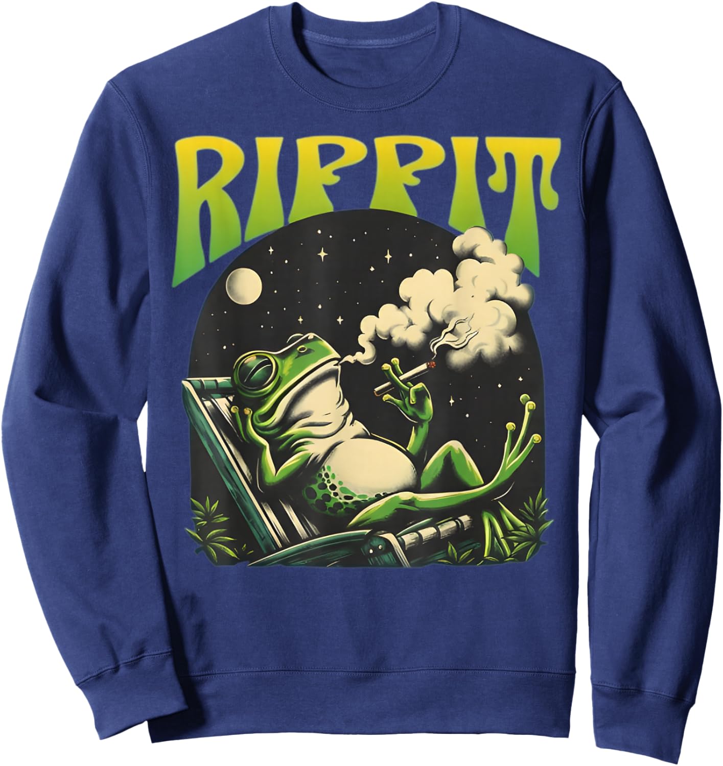 Rippit Frog Smoking Moon Weed Marijuana Funny Frog Cannabis Sweatshirt - Sweatshirt | Navy