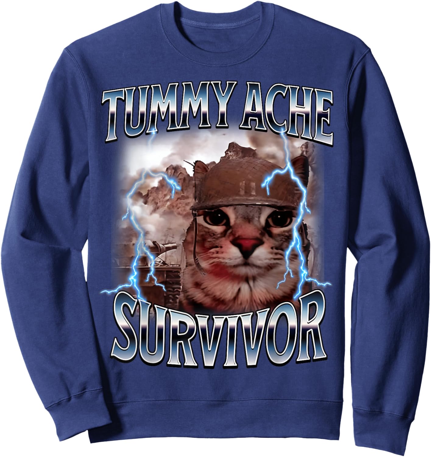 Tummy Ache Survivor Funny Cat Meme I Survived Today's Tummy Sweatshirt - Sweatshirt | Navy
